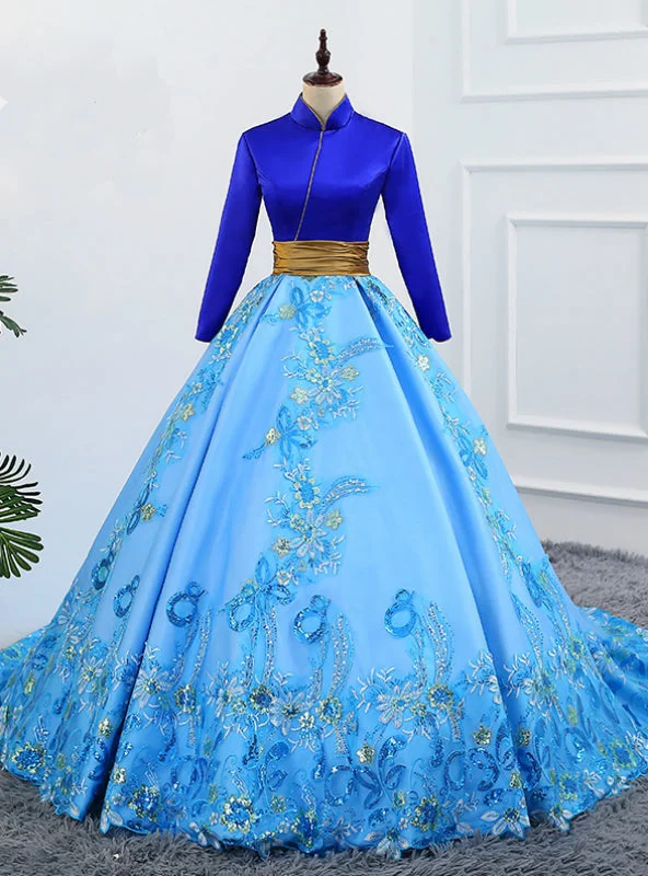 women's glam dressesBlue Ball Gown Satin High Neck Long Sleeve Embroidery Quinceanera Dresses