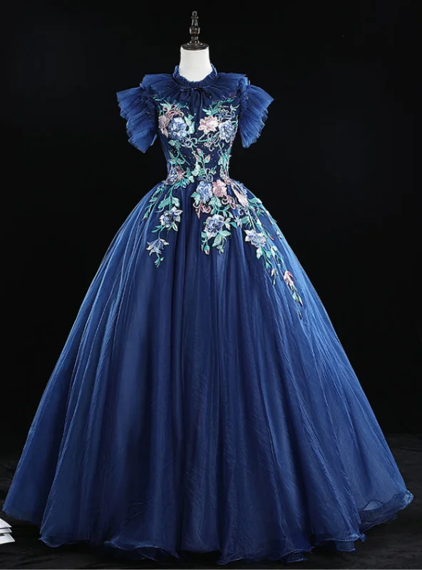 women's plus-size dressesCheck Out Entire Collection Navy Blue Ball Gown Tulle Embrodiery Backless Quinceanera Dress