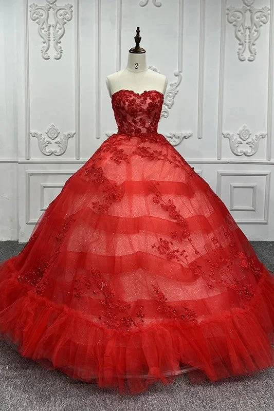 Sleeveless DressRed Off Shoulder Quinceanera Dresses Sweetheart Tulle Appliques Ball Gown