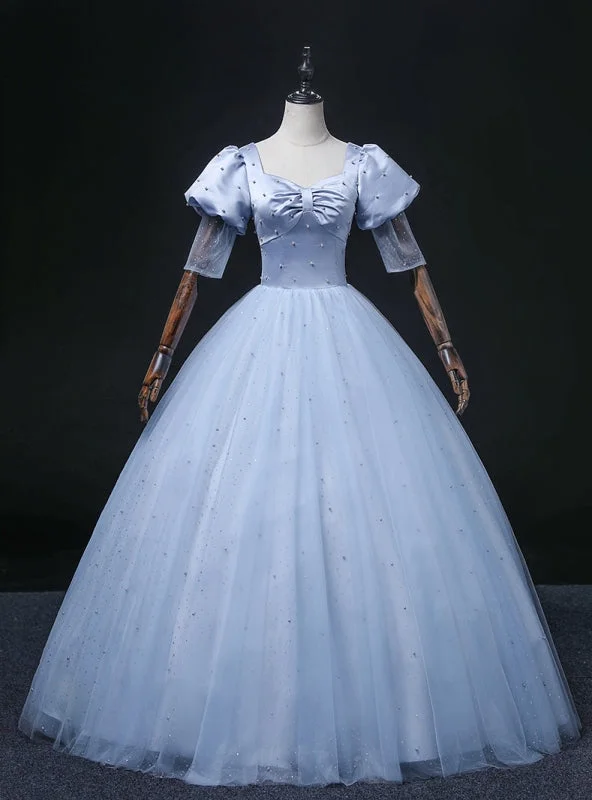 Plus-Size DressBlue Tulle Satin Square Puff Sleeve Pearl Quinceanera Dress