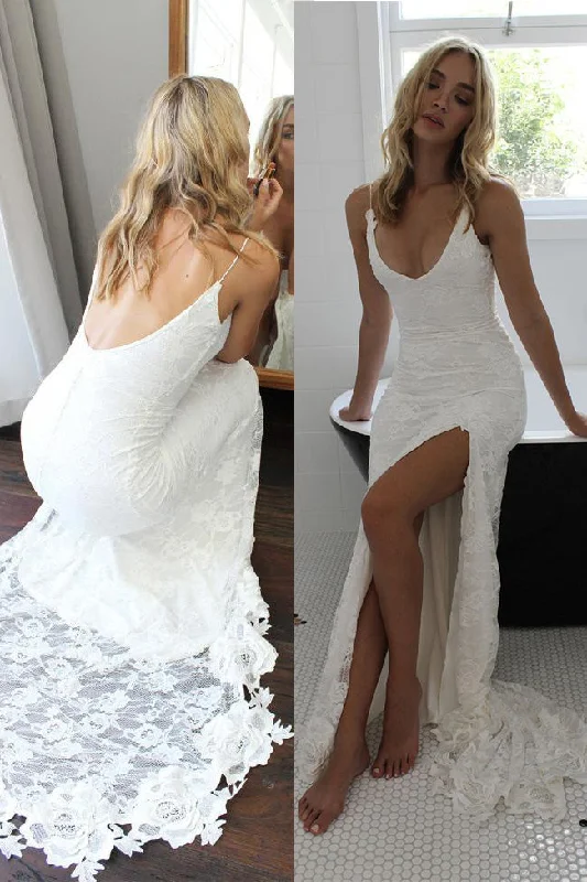 women's casual dressesSpaghetti Straps Ivory Backless Lace Wedding Dress with Side Slit N945