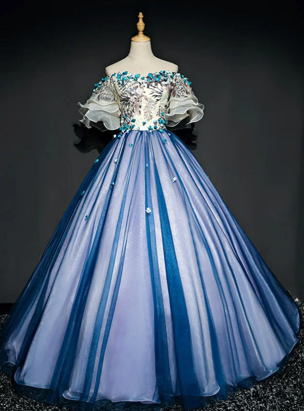 Velveteen DressFor Your Big Night Blue Ball Gown Tulle Off the Shoulder Puff Sleeve Quinceanera Dress