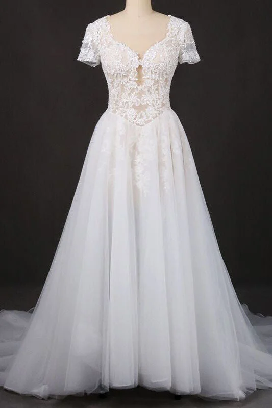 Evening DressPuffy Short Sleeves Tulle Bridal Dresses with Lace Appliques Long Train Wedding Dresses N2294