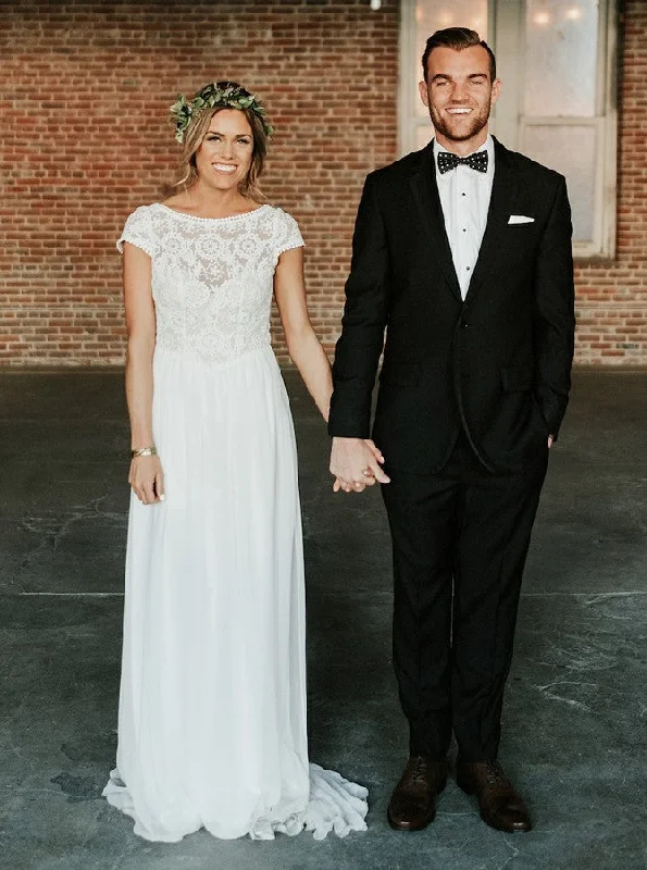 women's short-sleeved dressesBohemian A-Line Bateau Keyhole Back Lace Chiffon Wedding Dress OW434