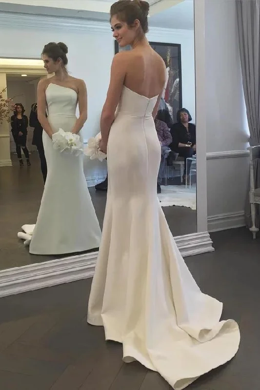 women's denim dressesStrapless Trumpet Long Wedding Dresses Elegant Ivory Sweep Train Wedding Dresses N2520