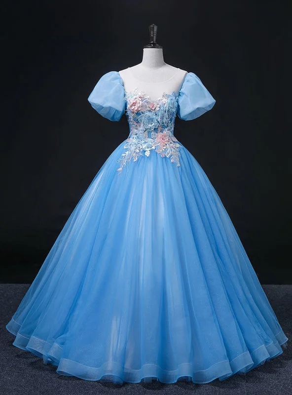 Skater DressBlue Tulle Puff Sleeve Appliques Quinceanera Dress