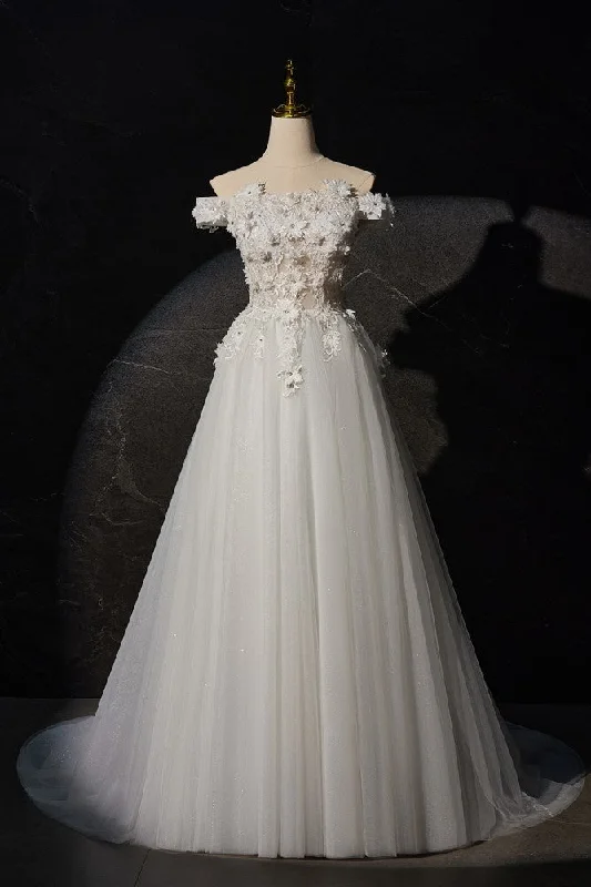 women's solid color dressesDelicate Appliques Off-the-shoulder Ivory Long Wedding Gown