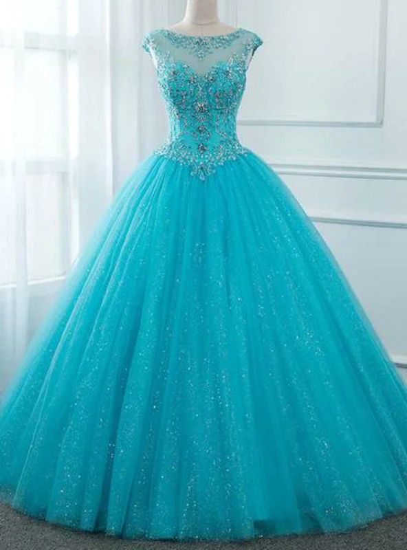 women's high-end dressesBlue Ball Gown Tulle Backless Long Quinceanera Dresses With Crystal