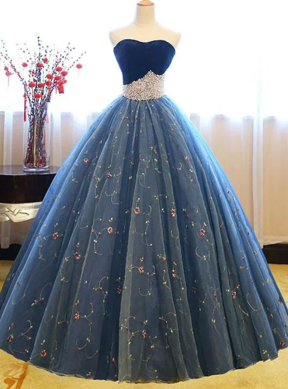 women's designer dressesBlue Ball Gown Tulle Floor Length Strapless Princess Quinceanera Dresses