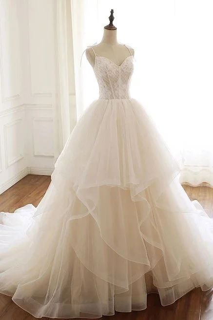 Flowy DressModest Spaghetti Straps Long Ball Gown Lace Up Wedding Dress Y0064