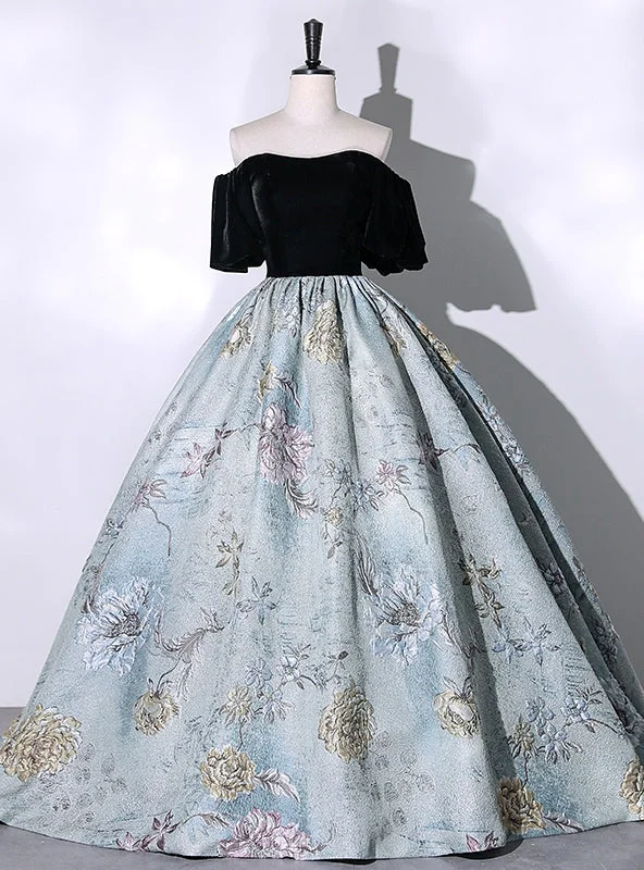 women's custom dressesBlue Jacquard Black Velvet Quinceanera Dress