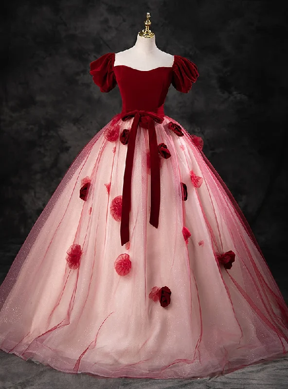 Off-The-Shoulder DressBurgundy Tulle Puff Sleeve Off the Shoulder Quinceanera Dress
