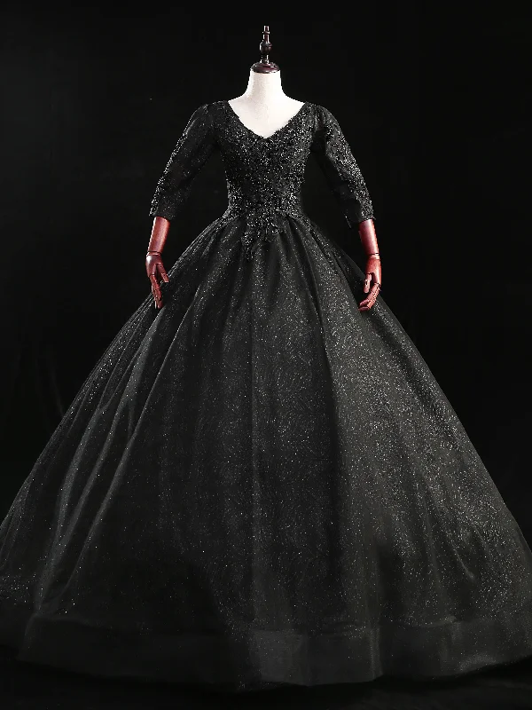 women's tall dressesBlack Tulle V-neck Short Sleeve Beading Quinceanera Dress