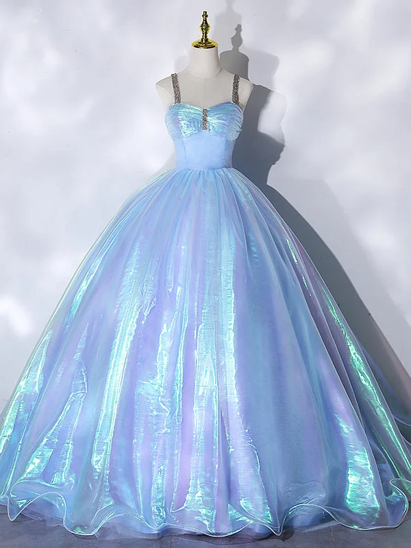 women's ethical fashion dressesBlue Ball Gown Organza Straps Beading Quinceanera Dress