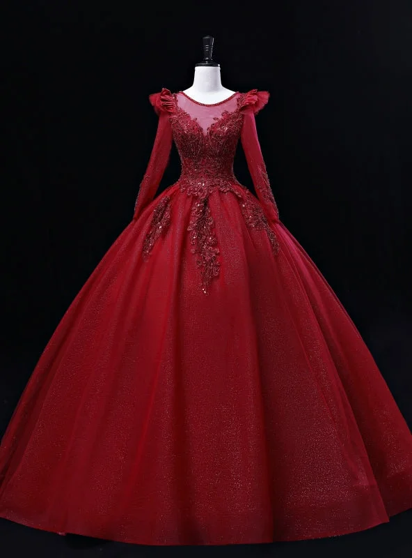 Wrap DressBurgundy Tulle Long Sleeve Beading Quinceanera Dress