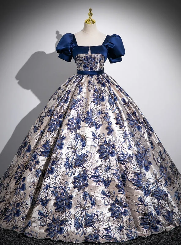 Velvet DressBlue Short Sleeve Square Quinceanera Dress