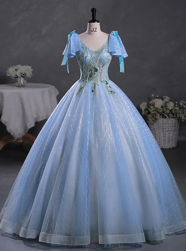 women's cotton dressesBlue Tulle Sequins V-neck Beading Quinceanera Dress