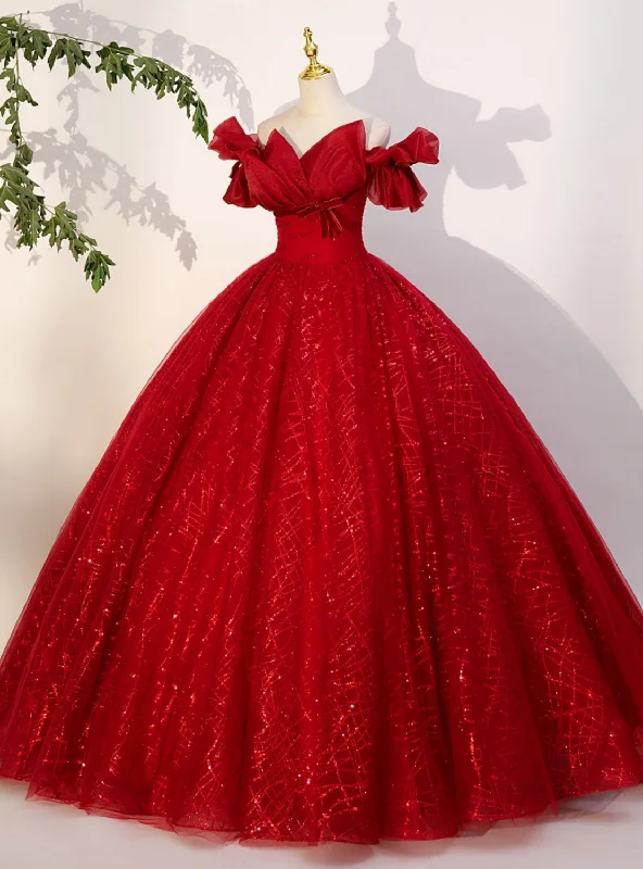 Sleeveless DressBurgundy Tulle Sequins Off the Shoulder Beading Quinceanera Dress