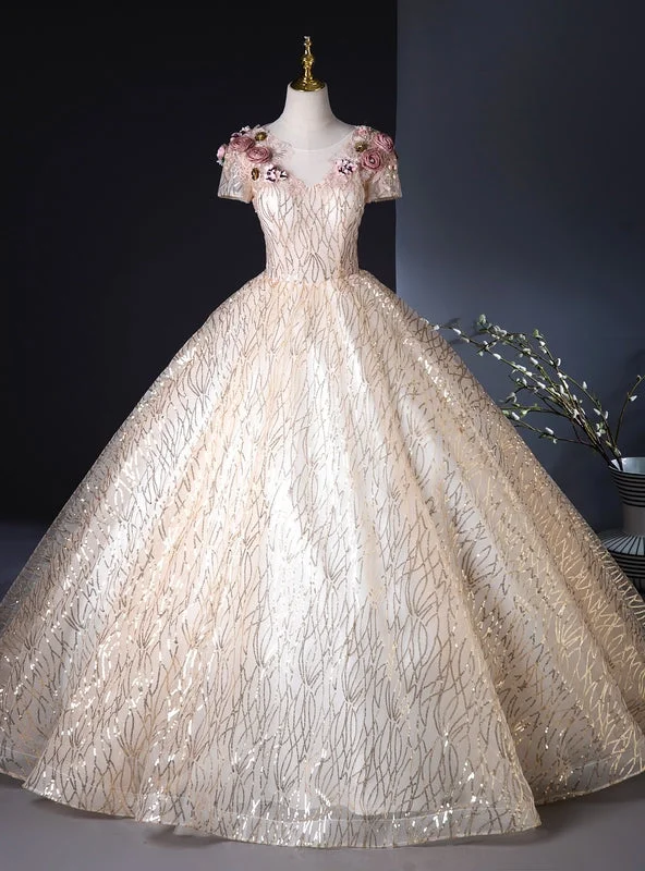women's solid color dressesChampagne Tulle Sequins Short Sleeve 3D Flower Quinceanera Dress