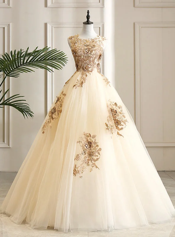 women's retro dressesCome In a Wide Variety Of On-Trend Styles, Champagen Ball Gown Tulle Appliques Beading Quinceanera Dress