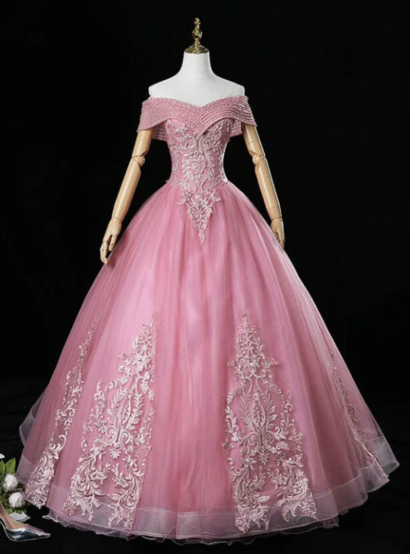 Knit DressFor This Year Biggest Dance Pink Ball Gown Tulle Appliques Beading Off twe Shoulder Quinceanera Dress