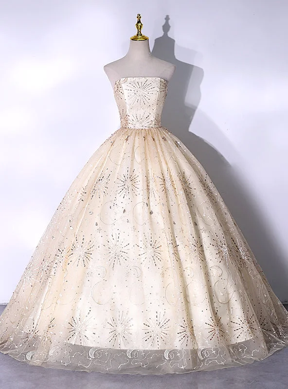 women's halter dressesChampagne Tulle Sequins Straps Quinceanera Dress