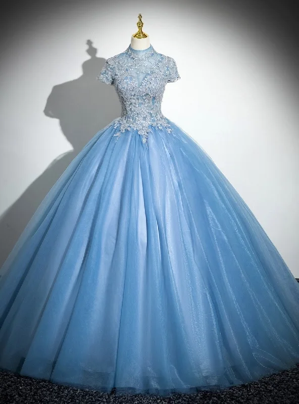 Glitter DressBlue Tulle Cap Sleeve Appliques Quinceanera Dress