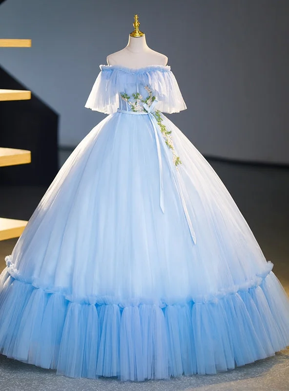 Scoop-Neck DressBlue Tulle Off the Shoulder Appliques Quinceanera Dress