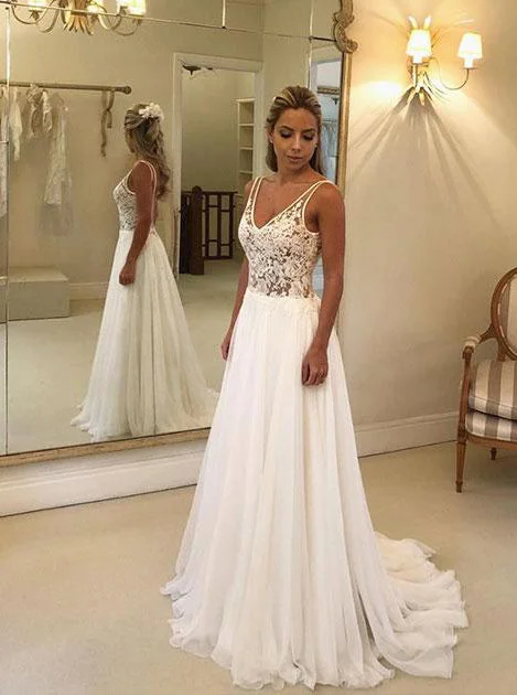 women's retro dressesElegant Chiffon Lace Applique Backless Beach Wedding Dress OW334
