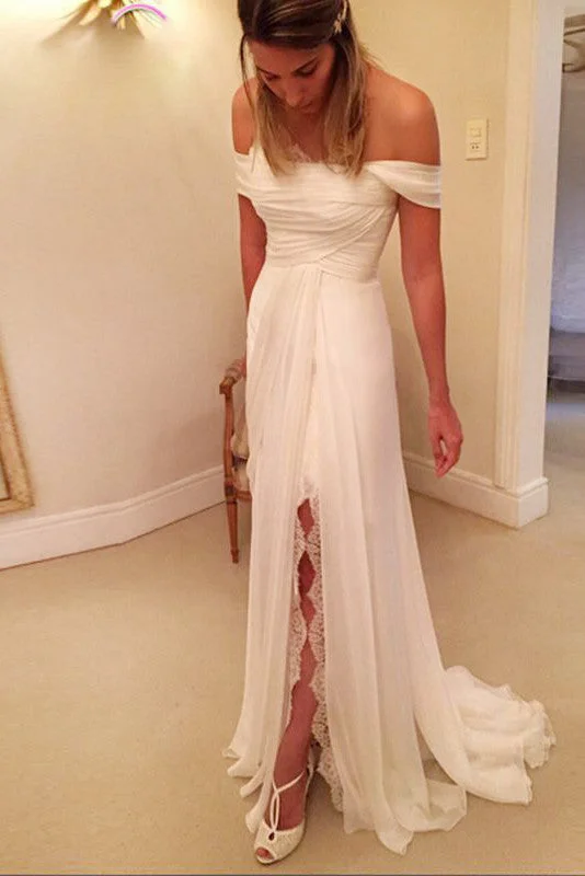 women's unique dressesA Line Off-the-Shoulder Long Chiffon Beach Wedding Dresses with Lace Split N123