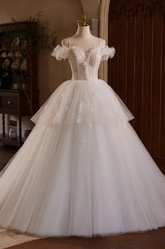 women's one-shoulder dressesLayers Tulle Spaghetti Straps Princess Beading Wedding Gowns