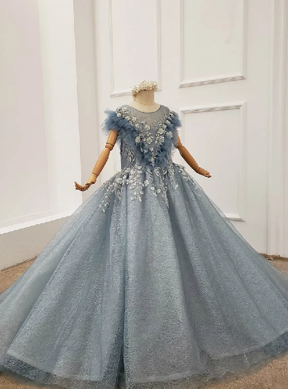 women's affordable dressesBlue Ball Gown Tulle Appliques Beading Flwoer Girl Dress