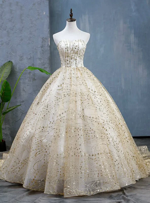 Flowy DressGold Ball Gown Sequins Tulle Sweetheart Quinceanera Dresses