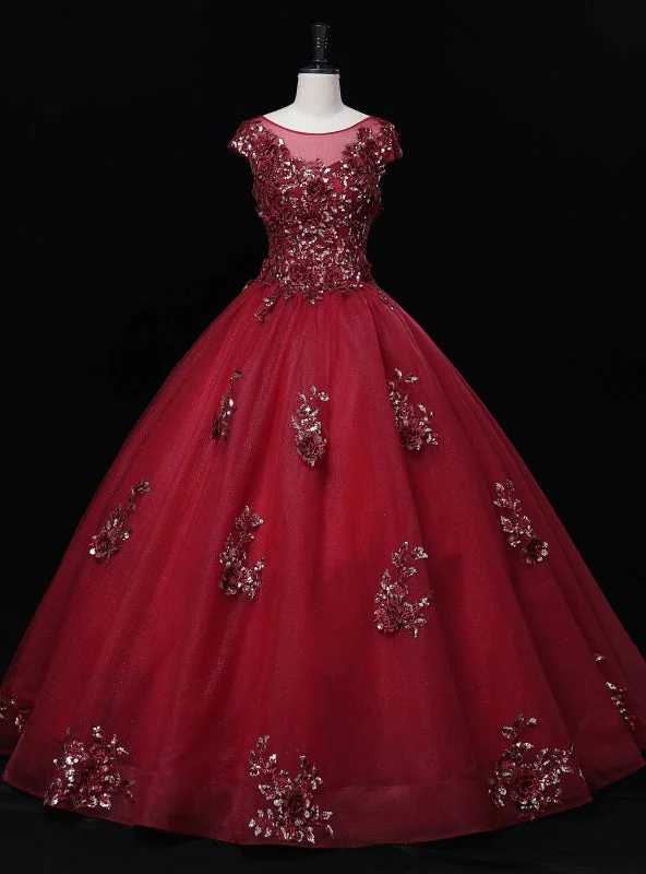 Trumpet DressBurgundy Tulle Cap Sleeve Backless Appliques Quinceanera Dress