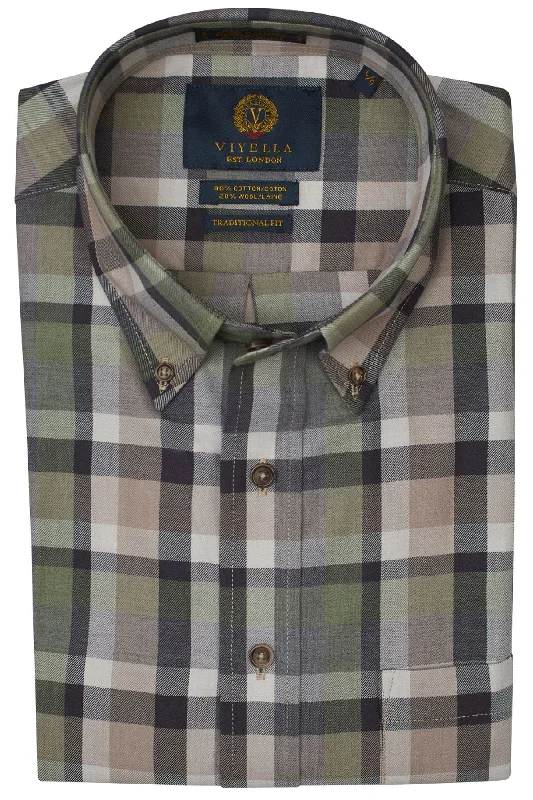 Men's Solid-Colored Shirts for VersatilitySage, Taupe, and Grey Plaid Cotton and Wool Blend Button-Down Shirt by Viyella