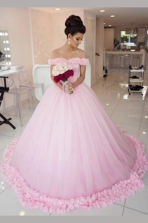 women's shift dressesPink Ball Gown Princess Off-the-shoulder Handmade Flower Wedding Dress N479