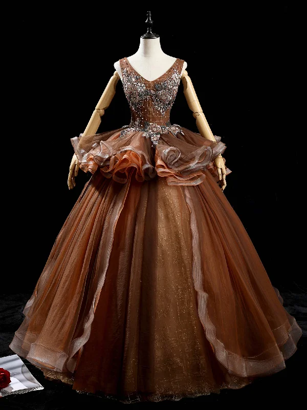 women's maternity dressesCoffee Tulle V-neck Beading Sequins Quinceanera Dress