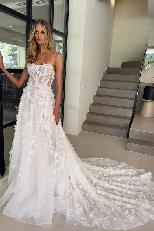 Neon DressGorgeous Spaghetti Straps Tulle Wedding Dresses with 3D Appliques N099