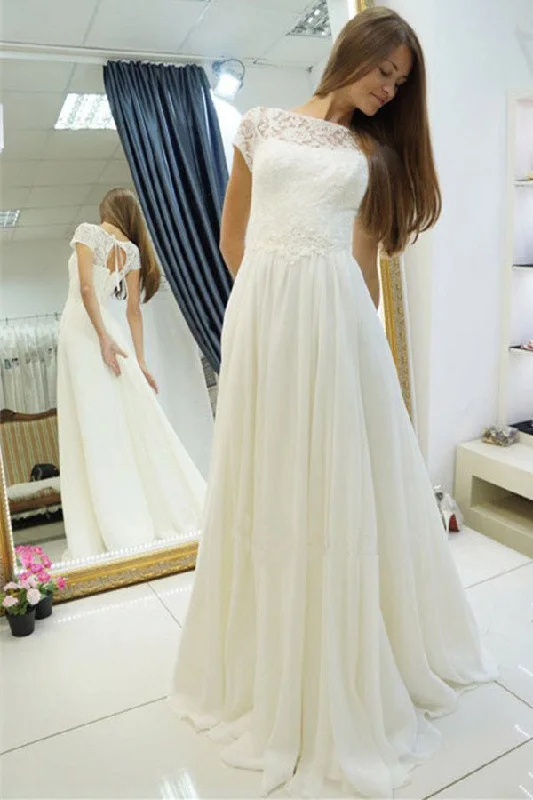 women's custom dressesA Line Cap Sleeves Lace Sweep Train Beach Wedding Dress