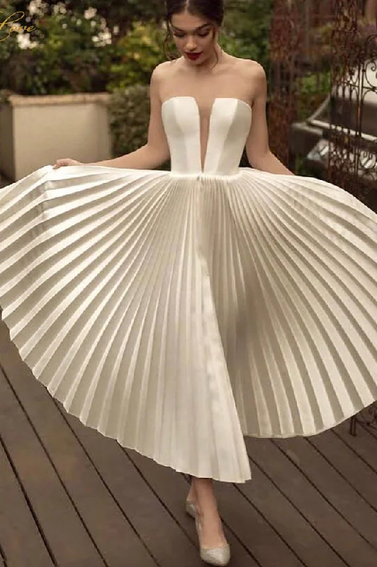 Flowy DressAnkle Length Strapless Wedding Dresses Ivory Pleats Beach Wedding Dresses N2276