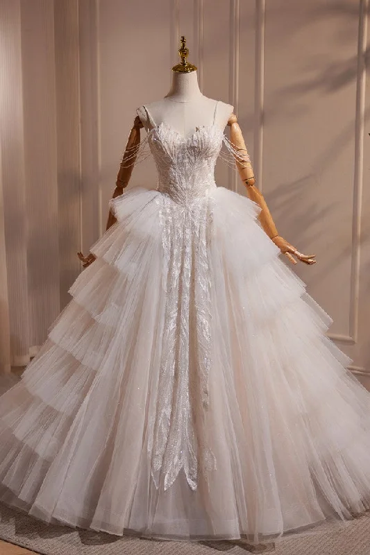 women's sleeveless dressesIvory Layered Beading Spaghetti Straps Wedding Dress