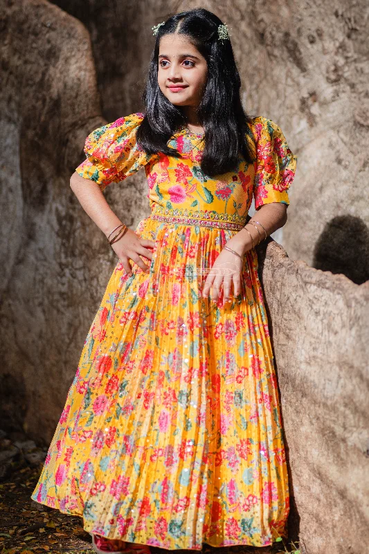 Polka-Dot DressYellow Blend Chinon Silk Gown with Floral Print and Embroidery