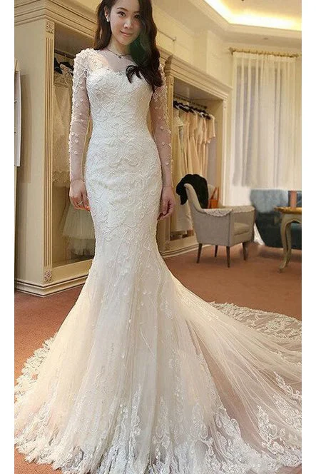 women's handmade dressesIvory Long Sleeves Mermaid Lace Appliques Tulle Wedding Dresses with Train N390