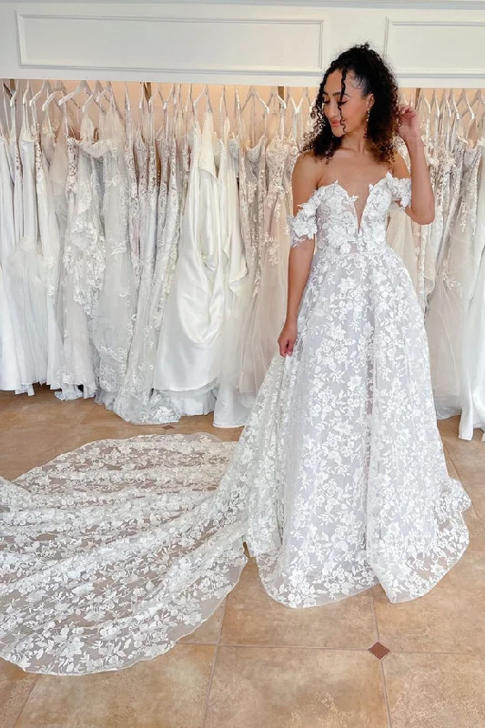 Cut-Out DressA Line Sweetheart Off the Shoulder Lace Wedding Dresses N090