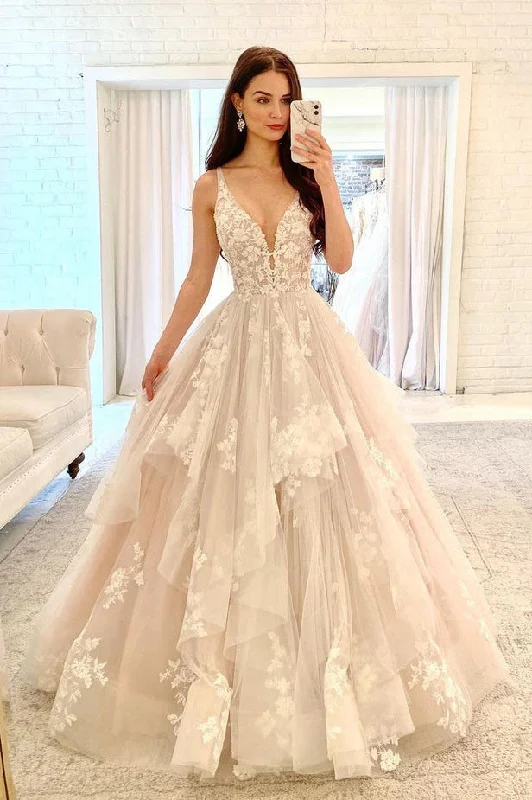 Denim DressCharming Ball Gown V Neck Tulle Wedding Dresses with Appliques N106