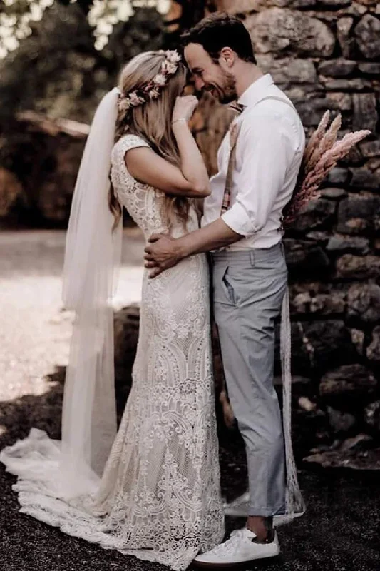 Solid Color DressChic Sheath Long Zipper Back Lace Wedding Dress Bridal Dress For Women Y0132