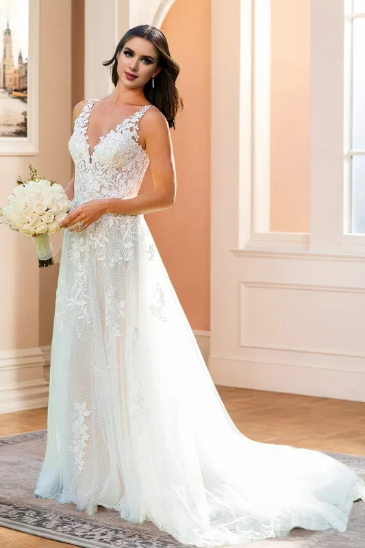 Trumpet DressGorgeous Appliques V Neck Sleeveless Wedding Dresses with Sweep Train