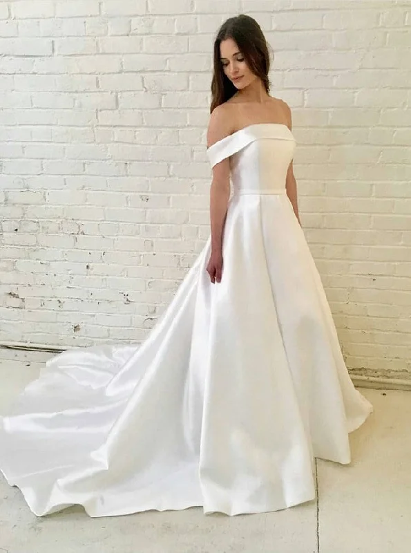 women's checkered dressesSimple A-Line Off-the-Shoulder Satin Wedding Dress OW459
