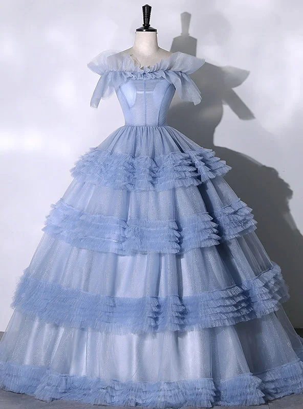 women's wrap dressesBlue Tulle Tiers Off the Shoulder Quinceanera Dress