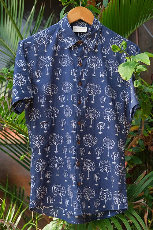 Men's Patterned Dress Shirts for a Unique TwistOkhai "Blue Timber" Handblock Printed Half-Sleeved Pure Cotton Shirt